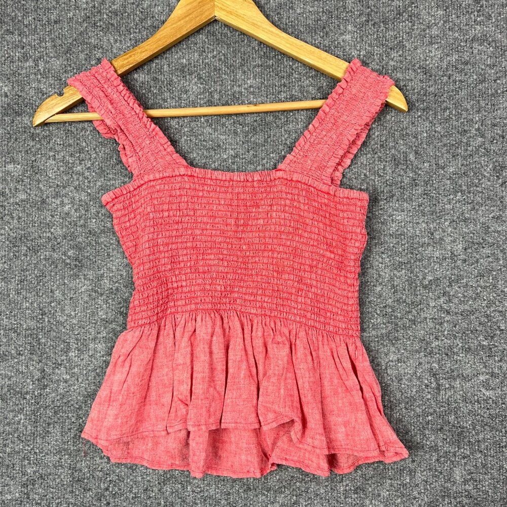 Anthropologie By Maeve Womens Pink Smocked Peplum Linen Blend‎ Blouse small